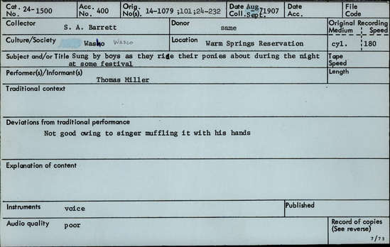 Documentation associated with Hearst Museum object titled Audio recording, accession number 24-1500, described as Song Sung by Boys as They Ride Their Ponies About During the Night at Some Festival