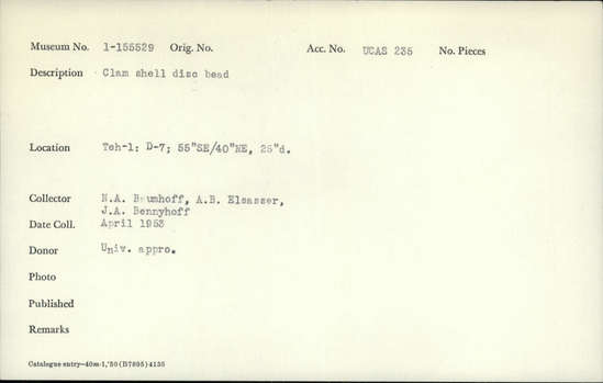 Documentation associated with Hearst Museum object titled Bead, accession number 1-155529, described as Clam shell disc.