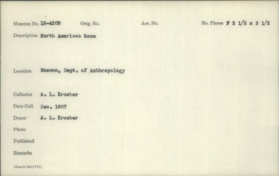 Documentation associated with Hearst Museum object titled Photograph, accession number 15-4208, described as The Museum of Anthropology in 1907 (when located in the Affiliated Colleges in San Francisco). North American Room. Film, 3 1/2 x 3 1/2 inches.