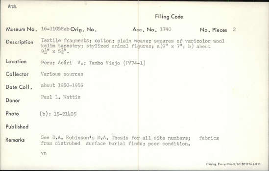 Documentation associated with Hearst Museum object titled Textile fragment, accession number 16-11058b, no description available.