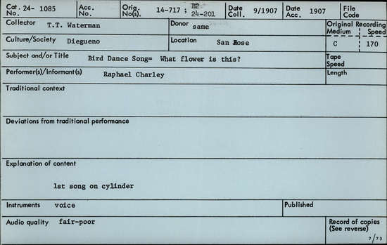 Documentation associated with Hearst Museum object titled Audio recording, accession number 24-1085, described as Bird Dance Song, What Flower is This?