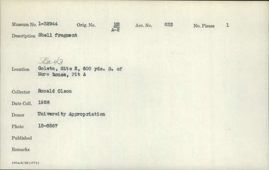 Documentation associated with Hearst Museum object titled Shell fragment, accession number 1-32944, described as Shell fragment