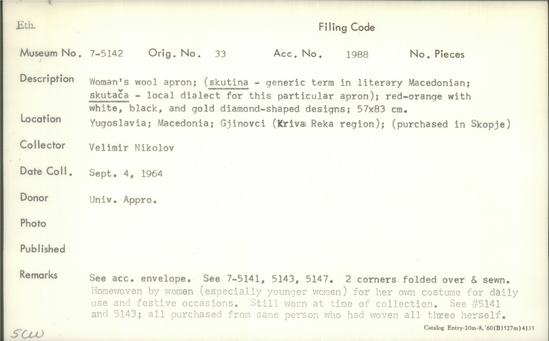 Documentation associated with Hearst Museum object titled Apron, accession number 7-5142, described as Woman's wool apron; (skutina - generic term in literary Macedonian; skutača - local dialect for this particular apron); red-orange with white, black, and gold diamond-shaped designs; 57 x 83 cm