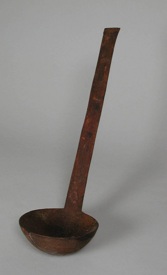 Hearst Museum object titled Spoon, accession number 5-10292, described as spoon;  wood;  ladle-like;  cracked bowl;  L. 33 cm.