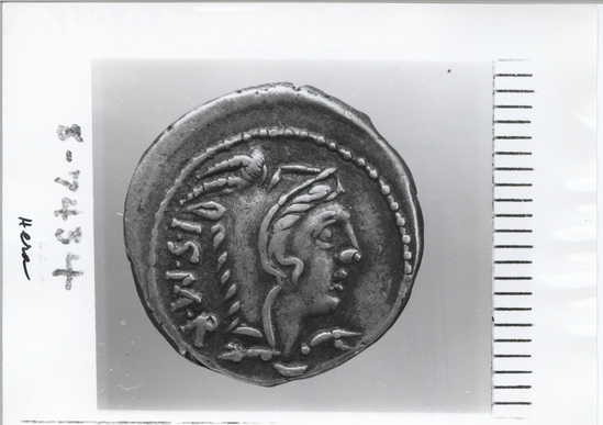 Hearst Museum object titled Coin: ar denarius, accession number 8-7434, described as Coin: Roman Republic. Denarius. Obverse: Head of Juno. Silver. Lucius Thorius Balbus. Size: 19 mm. Weight: 3.96 grams.
