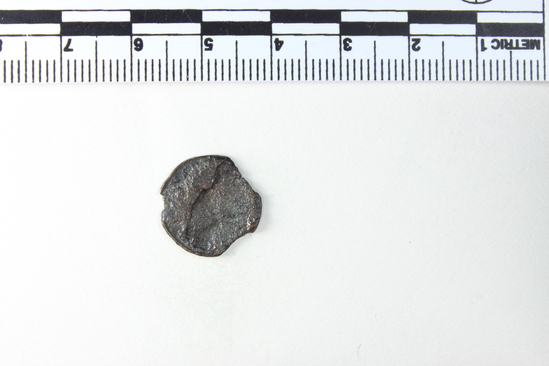 Hearst Museum object 4 of 8 titled Coin: æ 4, accession number 8-7324, described as Coin, AES Follis 4.      1.05 grams. 14mm. Obverse: Constantinus II Reverse: 1 Standard between 2 soldiers