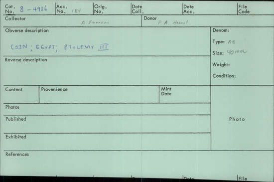 Documentation associated with Hearst Museum object titled Coin: æ, accession number 8-4906, described as Coin; AE; Greek. 40 mm. Ptolemy III. Obverse: head of Zeus Ammon r. Reverse: ΠΤΟΛΕΜΑΙΟΥ ΒΑΣΙΛΕΩΣ, eagle l.