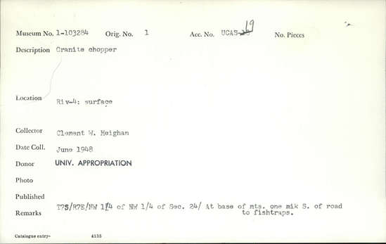 Documentation associated with Hearst Museum object titled Chopper, accession number 1-103284, described as Granite.