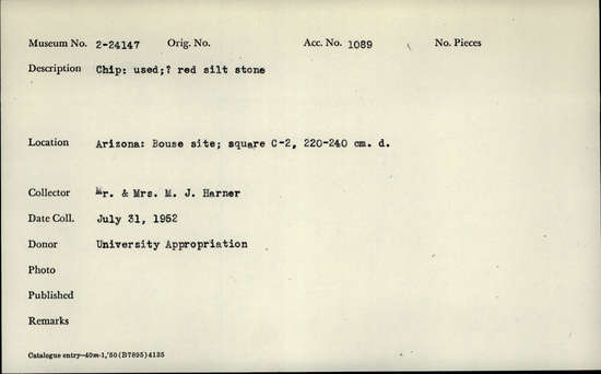 Documentation associated with Hearst Museum object titled Flake, accession number 2-24147, described as Potsherd: Colorado River ware; type B-6