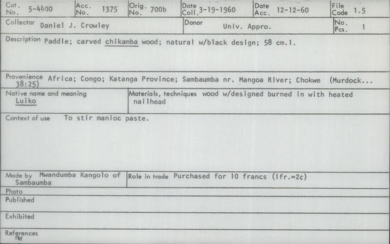 Documentation associated with Hearst Museum object titled Paddle, accession number 5-4400, described as Paddle; carved chikamba wood; natural with black design; 58 cm l.