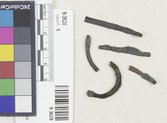 Hearst Museum object titled Bar copper, accession number 9-3628, described as Bar copper fragments (possibly bracelet fragments)