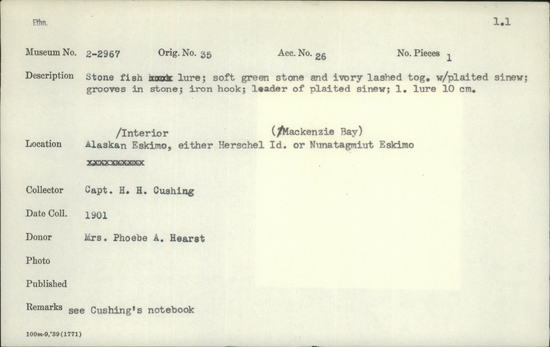 Documentation associated with Hearst Museum object titled Fishing lure, accession number 2-2967, described as Soft green stone and ivory lashed toggle with plaited sinew. Grooves in stone, iron hook. Leader of plaited sinew.