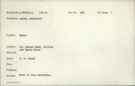 Documentation associated with Hearst Museum object titled Arrow, accession number 1-27610, described as Feathered. More or less moth-eaten.