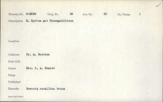 Documentation associated with Hearst Museum object titled Stone sample, accession number 8-3595, described as Marble sample: Marmor Scyrium aut Hierapoliticum.