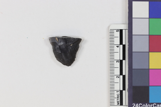 Hearst Museum object 2 of 2 titled Flake, accession number 16-14413, described as Projectile point fragment; obsidian; triangular; weight: 2.55 grams; length: 1.9 cm; width: 2.15 cm; depth: 0.65 cm.