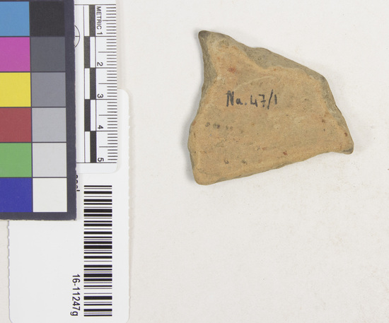 Hearst Museum object titled Potsherd, accession number 16-11247g, described as Sherds; thick; soft; yellow gray on outer surfaces; gray in center; little temper, mostly sand with some large pieces of shell and pottery; 2 rim and neck; 7 body, 1 mended.