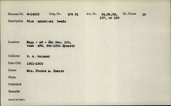 Documentation associated with Hearst Museum object titled Beads, accession number 6-14015, described as Blue spherical (ball) beads.