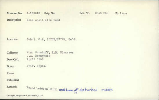 Documentation associated with Hearst Museum object titled Bead, accession number 1-155513, described as Clam shell disc.