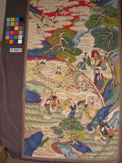 Hearst Museum object titled Lined piece, accession number 9-15071, described as Lined piece.  Silk, cotton lining, paper inner lining.  K'ossu tapestry, brocaded ribbon, damask panel with cut pile appliques, plain w. lining.  Varicolored.  Landscape with figures; chou applique.  36 inches by 81 inches.