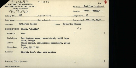 Documentation associated with Hearst Museum object titled Shawl, accession number 9-15697, described as Shawl, "chuddah".  Wool.  Herringbone weave, embroidered, twill tape trim, fringe.  White ground, varicolored embroidery, green tape.  Floral, leaf, pine cone motives.  2yards, 35 inches by 27 inches.
