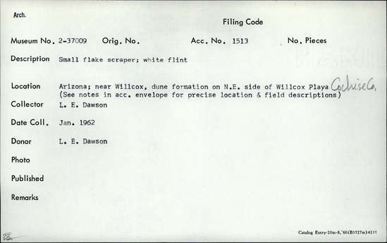 Documentation associated with Hearst Museum object titled Flake, accession number 2-37009, described as Small flake scraper; white flint