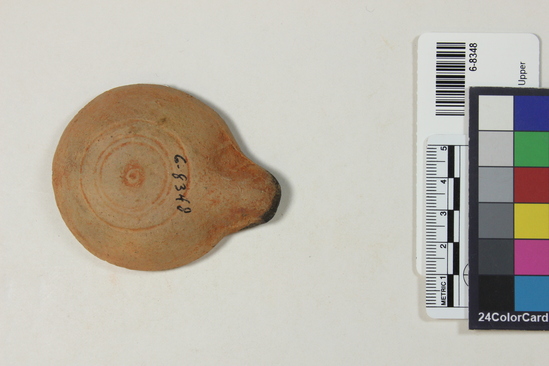 Hearst Museum object 3 of 7 titled Oil lamp, accession number 6-8348, described as Pottery lamp, classic type.