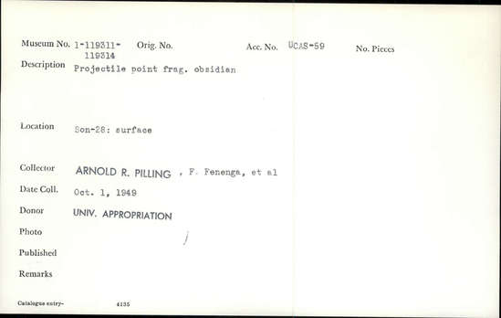 Documentation associated with Hearst Museum object titled Projectile point, accession number 1-119311, described as Obsidian projectile point fragment.