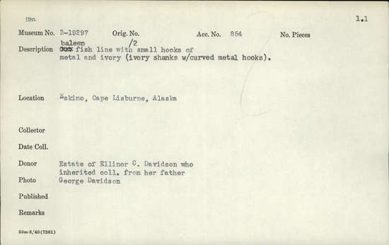 Documentation associated with Hearst Museum object titled Line and hooks, accession number 2-19297, described as Baleen fish line with 2 small hooks of metal and ivory (ivory shanks with curved metal hooks).