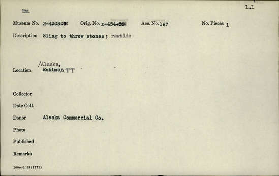 Documentation associated with Hearst Museum object titled Sling, accession number 2-4308, described as Rawhide.