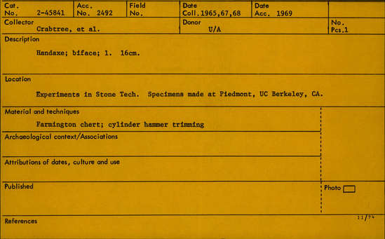 Documentation associated with Hearst Museum object titled Handaxe (reproduction), accession number 2-45841, described as Handaxe; biface; length 16 cm.