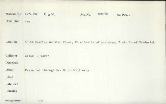 Documentation associated with Hearst Museum object titled Human remains, accession number 12-2806(0), described as Jaw