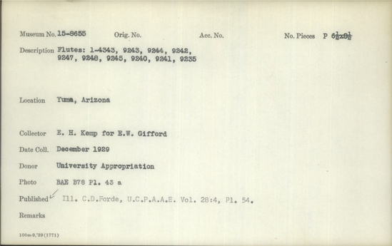 Documentation associated with Hearst Museum object titled Black-and-white negative, accession number 15-8655, described as Flutes:  1-4343, 9243, 9244, 9242, 9247, 9248, 9425, 9240, 9241, 9235.