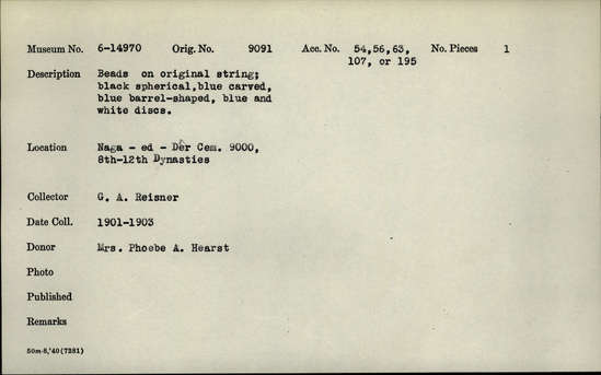 Documentation associated with Hearst Museum object titled Beads, accession number 6-14970, described as Beads on original string; black spherical, blue carved, blue barrel-shaped, blue and white discs.