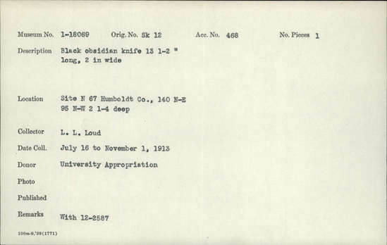 Documentation associated with Hearst Museum object titled Knife, accession number 1-18069, described as Black obsidian.