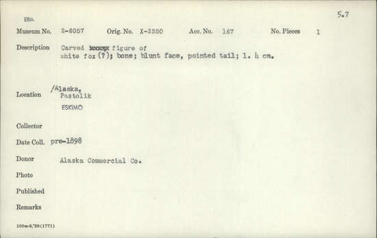 Documentation associated with Hearst Museum object titled Zoomorph, accession number 2-6057, described as Carved bone figure of white fox (?), blunt face, pointed tail.