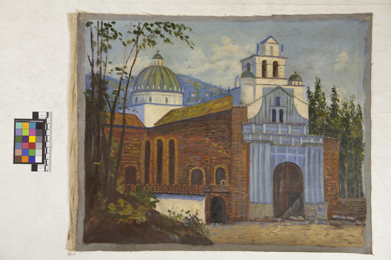 Hearst Museum object titled Painting, accession number 17-694, described as Large church in setting of trees and mountains.