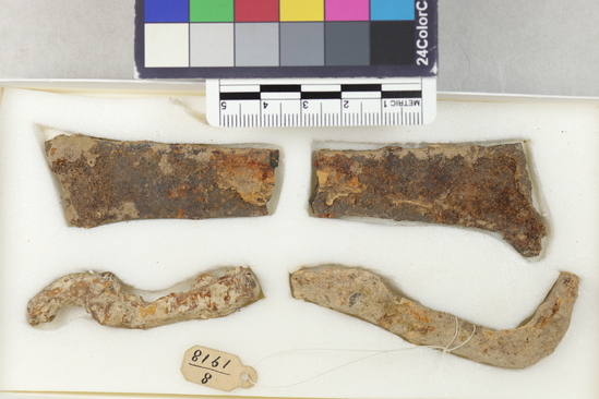 Hearst Museum object titled Knife fragments, accession number 8-1918, described as Description from Matteucig (1951): Fragments of two iron knives; length, (a) 12 cm., (b) 13.5 cm. (see Matteucig's plate XXIV, 13).