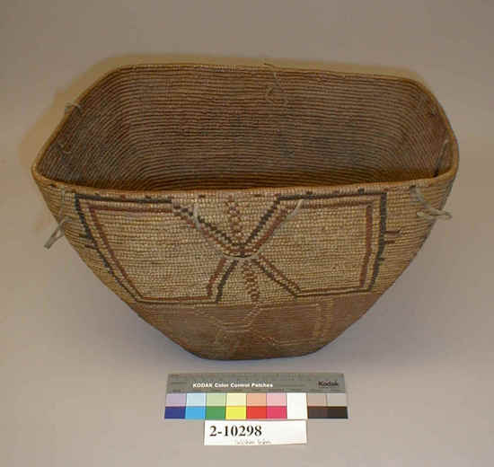 Hearst Museum object titled Basket, accession number 2-10298, described as Rectangular, coiled. Flaring sides, decoration: 5-sided figures with apices joined. One such figure on upper half of each side of basket.