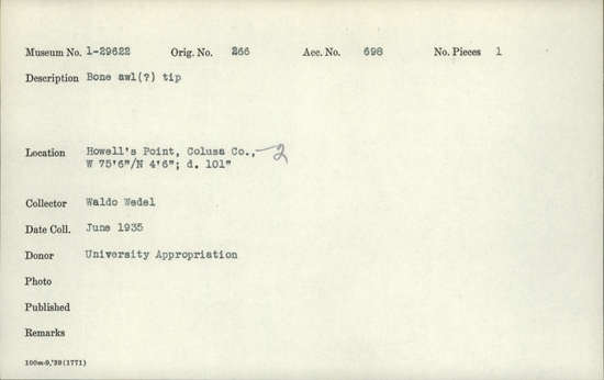 Documentation associated with Hearst Museum object titled Awl fragment, accession number 1-29622, described as Bone awl (?) tip.