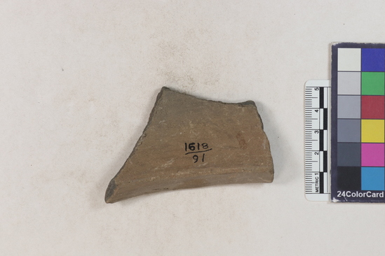 Hearst Museum object 47 of 160 titled Potsherd, accession number 16-8191, described as Potsherd: rims Section of Manta on beach currently inhabited. Numbers  8111 to 8194 are sherds picked up on beach at low tide.