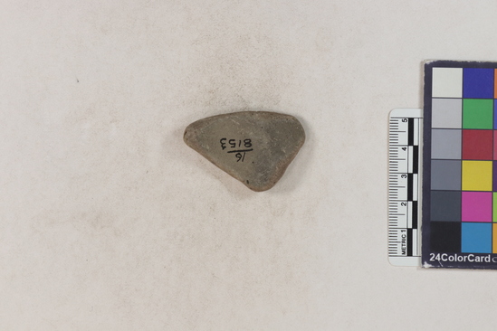 Hearst Museum object 2 of 2 titled Potsherd, accession number 16-8153, described as Potsherd; body, long ridge, painted.  Section of Manta on beach currently inhabited. Numbers  8111 to 8194 are sherds picked up on beach at low tide.