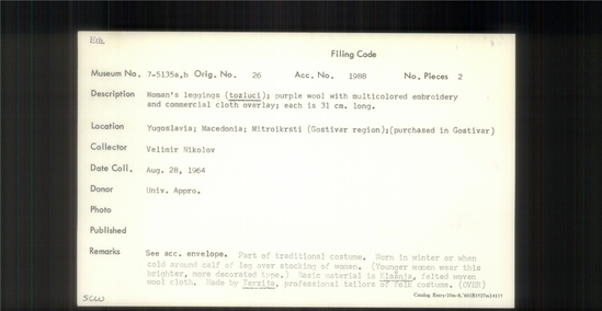 Documentation associated with Hearst Museum object titled Leggings, accession number 7-5135a,b, described as Woman's leggings (tozluci); purple wool with multicolored embroidery and commercial cloth overlay; each is 31 cm long.