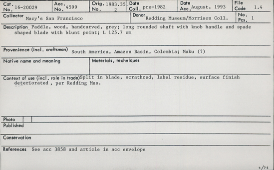 Documentation associated with Hearst Museum object titled Paddle, accession number 16-20029, no description available.