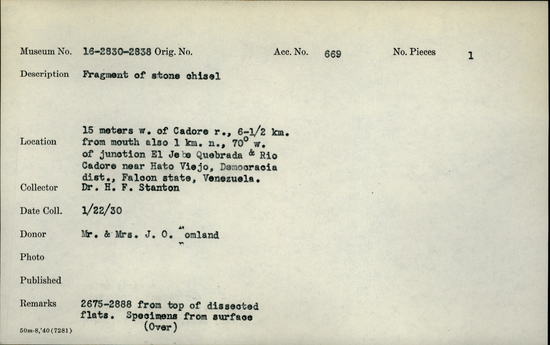 Documentation associated with Hearst Museum object titled Chisel, accession number 16-2836, described as Fragment of stone chisel