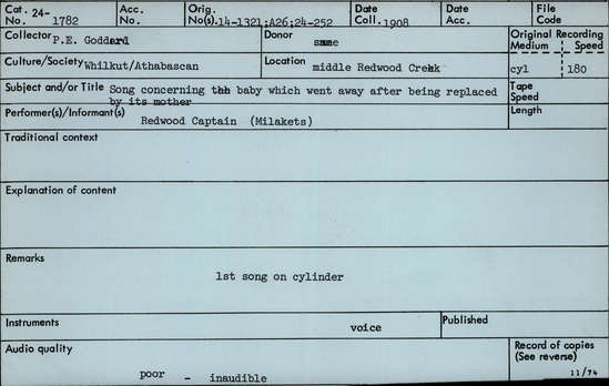 Documentation associated with Hearst Museum object titled Audio recording, accession number 24-1782, described as Song Concerning the Baby that Went Away After Being Replaced by its Mother