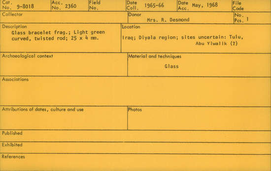 Documentation associated with Hearst Museum object titled Bracelet fragment, accession number 9-8018, described as Glass bracelet frag.; Light green curved, twisted rod; 25 x 4 mm.