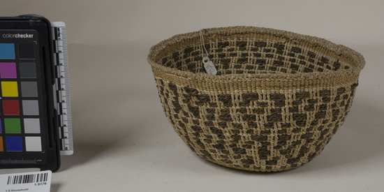 Hearst Museum object 2 of 2 titled Basket, accession number 1-9176, described as Plaited basket. Warp is twisted Cattail (Typha latifolia), weft is twisted Tule (Schoenoplectus acutus). Black color is mud-dyed twisted Tule.