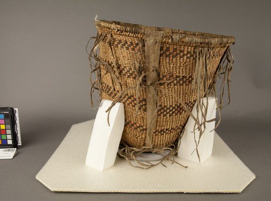 Hearst Museum object 2 of 2 titled Burden basket, accession number 2-18300, described as Twined, buckskin fringe.