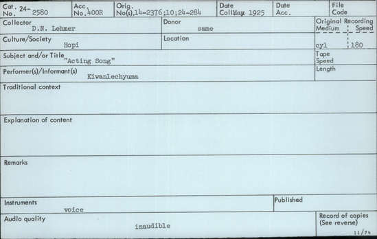 Documentation associated with Hearst Museum object titled Audio recording, accession number 24-2580, described as Acting Song