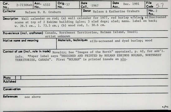 Documentation associated with Hearst Museum object titled Wall calendar, accession number 2-71506a,b, described as Wall Calendar on rod; (a) wall calendar from 1977, red burlap with black silkscreened scene at top of two Eskimo building igloo; three sled dogs; sled; manufacturing label on back; width 26.5 cm, 1. 73.5 cml (b) wood rod, 1. 30.6 cm